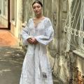 Women's white linen embroidered dress with silver embroidery Ceremonial EMBROIDERED GEM
