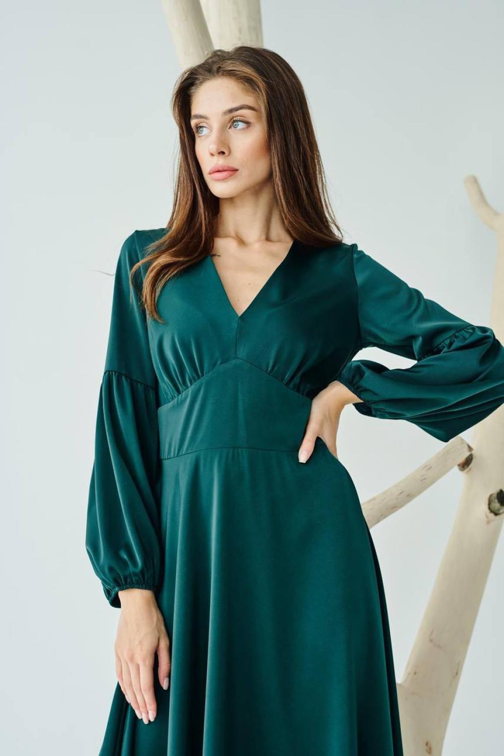 Midi dress in emerald green with premium satin