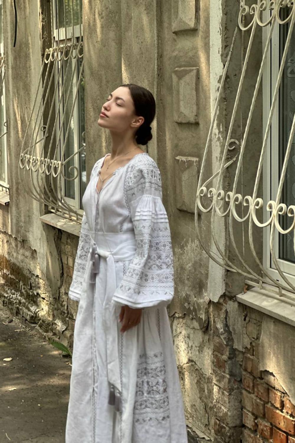 Women's white linen embroidered dress with silver embroidery Ceremonial EMBROIDERED GEM