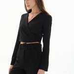 Cropped black silk blouse with ties