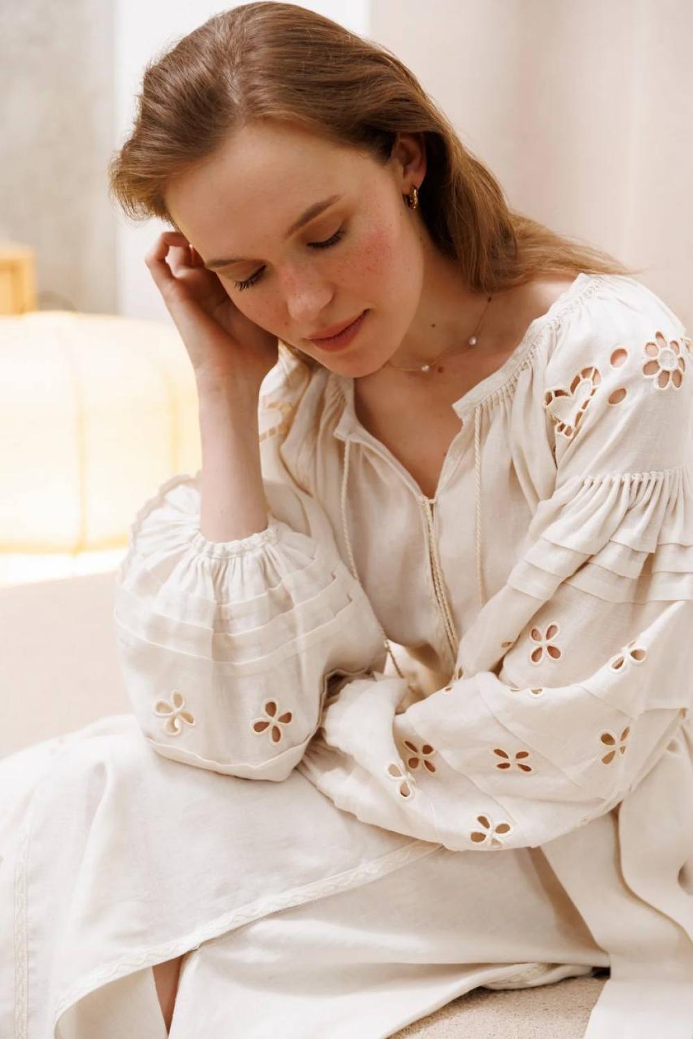 Adele embroidered dress in a soft cream color