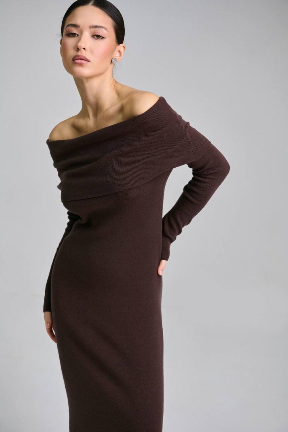 Knitted chocolate dress with open shoulders