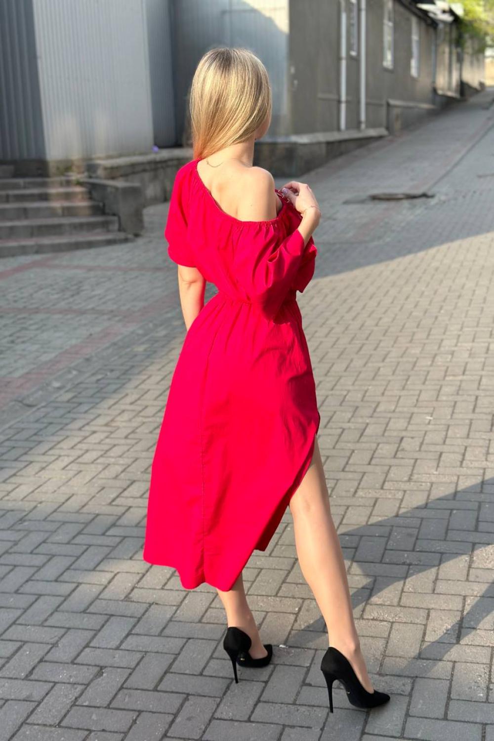 Red dress with open shoulders