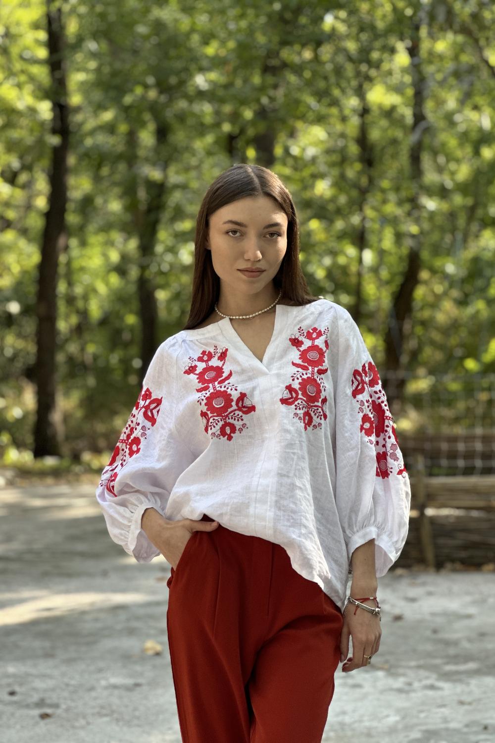 Women's embroidered white linen with red poppies MAXA