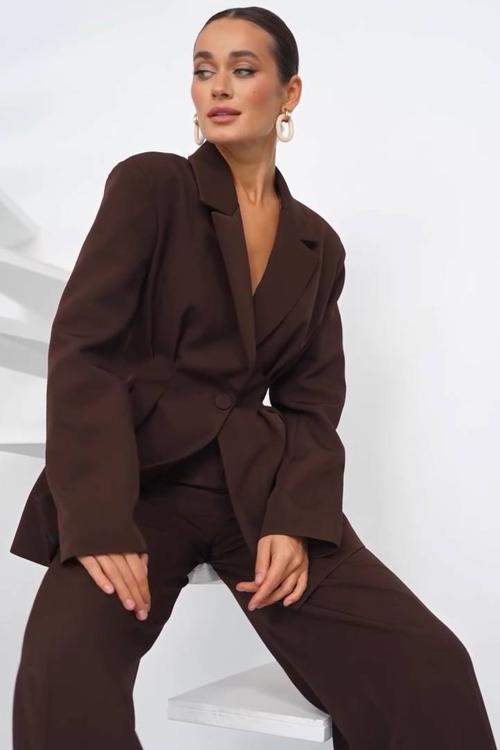Choco suit with fitted jacket and palazzo pants 555_ecru