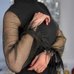 Black mini cocktail dress with mesh and feather sleeves Exclusive