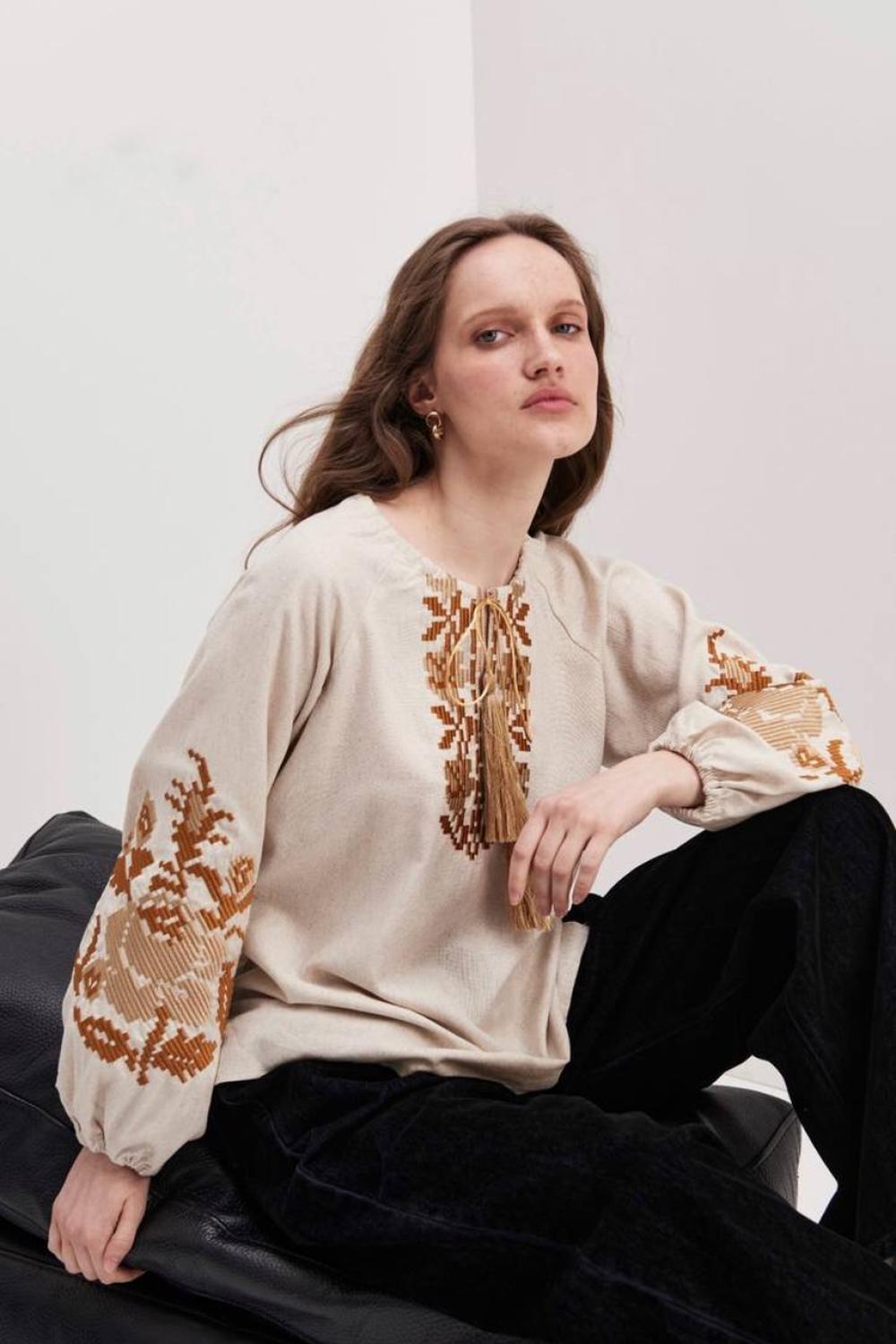 Women's beige embroidered jacket with red embroidery by Ruta MEREZHKA