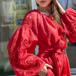Embroidered women's linen Richelieu red EMBROIDEREDGEM dress