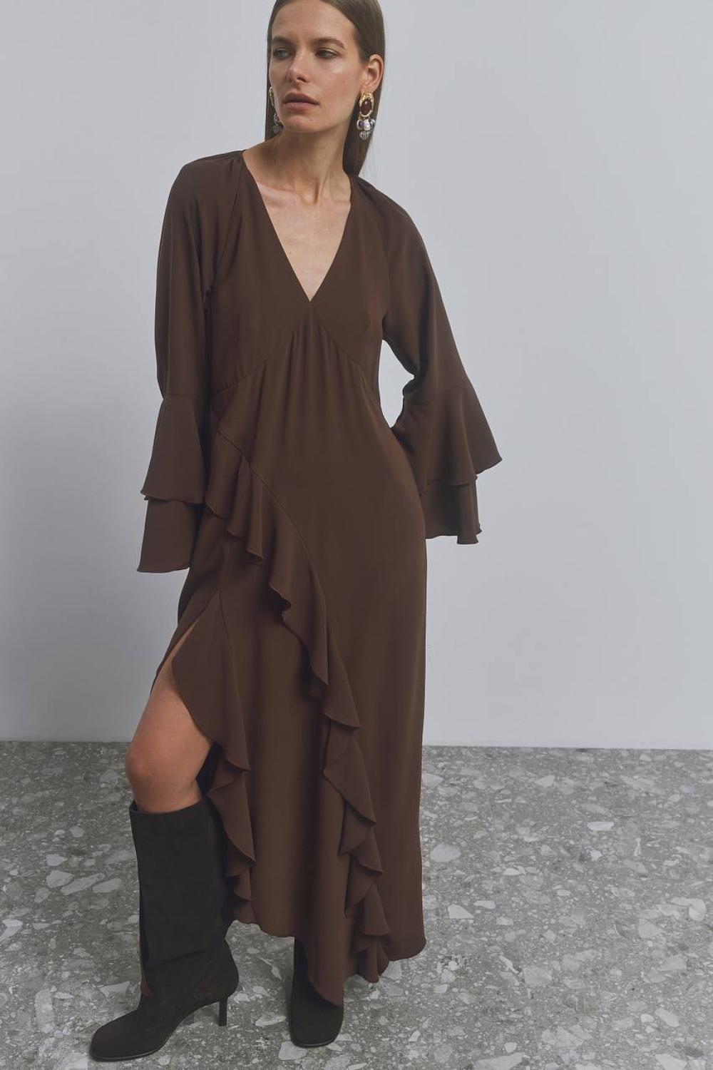 A long loose-fitting dress with ruffles
