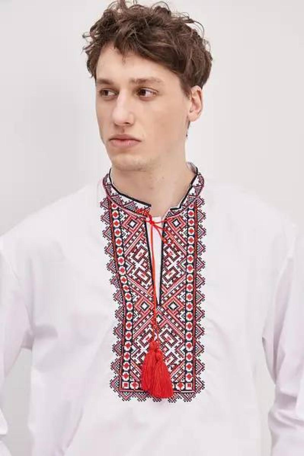 Men's embroidered shirt white with red embroidery