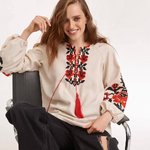 Women's beige embroidered jacket with red embroidery by Ruta MEREZHKA
