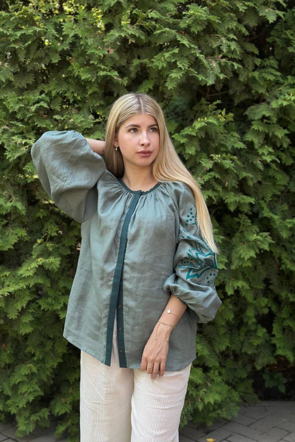 Green designer embroidered shirt for women