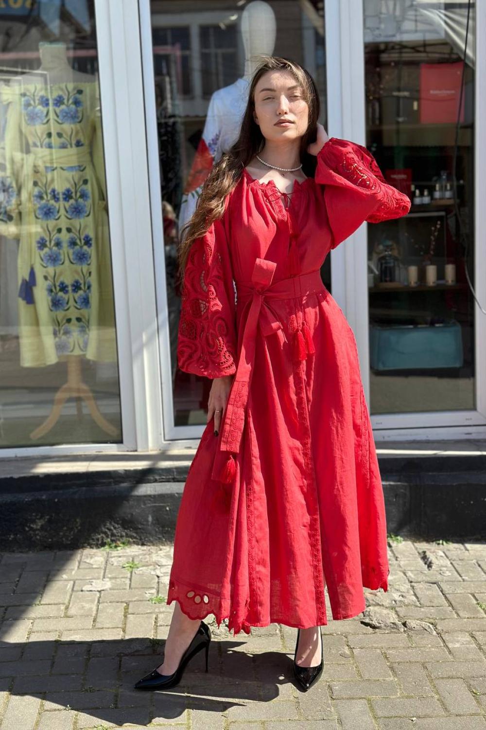 Embroidered women's linen Richelieu red EMBROIDEREDGEM dress