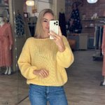 A yellow airy sweater, light and fluffy, like a sunny cloud.The loose fit gives a feeling of space and comfort, beautifully enveloping the silhouette without unnecessary accents.The soft texture creates an airy effect, and the bright yellow color adds moo