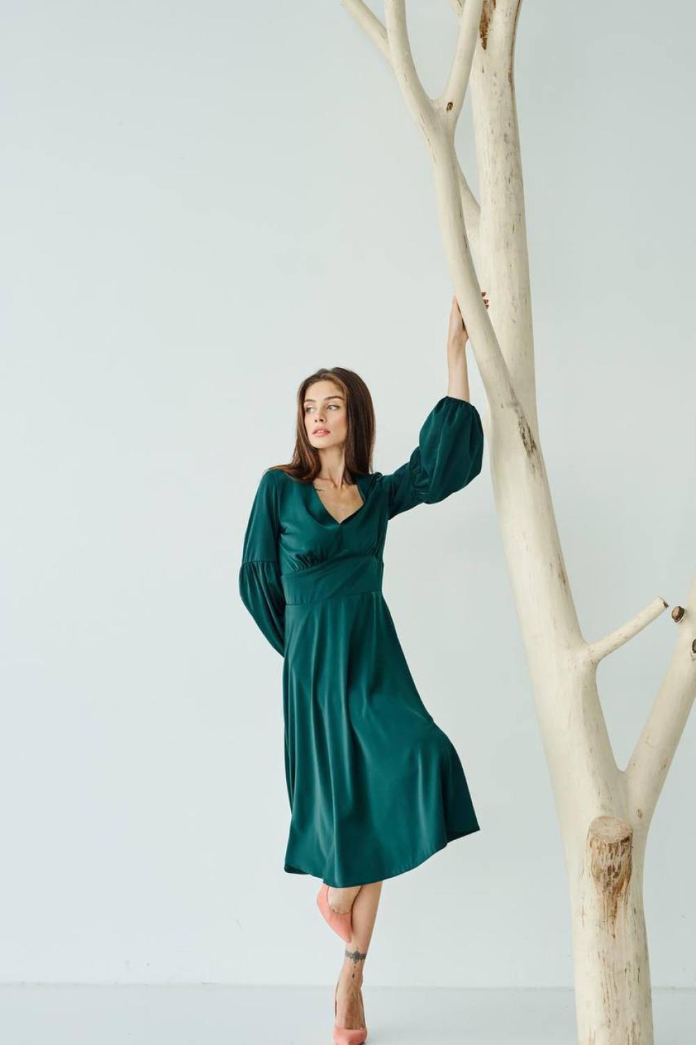 Midi dress in emerald green with premium satin