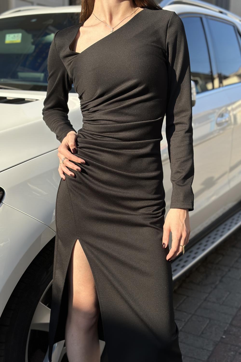 Black midi dress with an asymmetric neckline 6351 AZURI