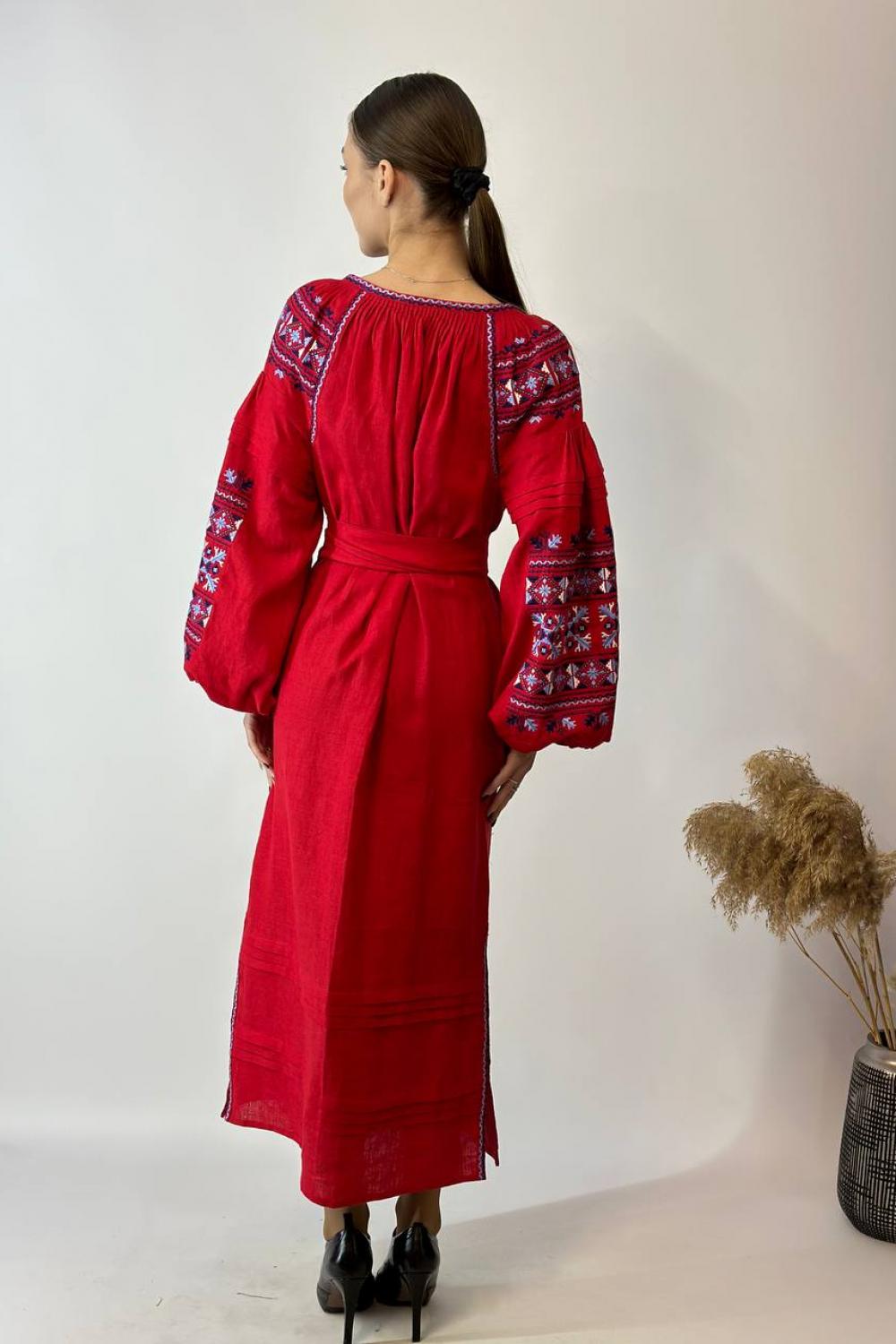 Women's red linen embroidered dress Solomia EMBROIDERED GEM