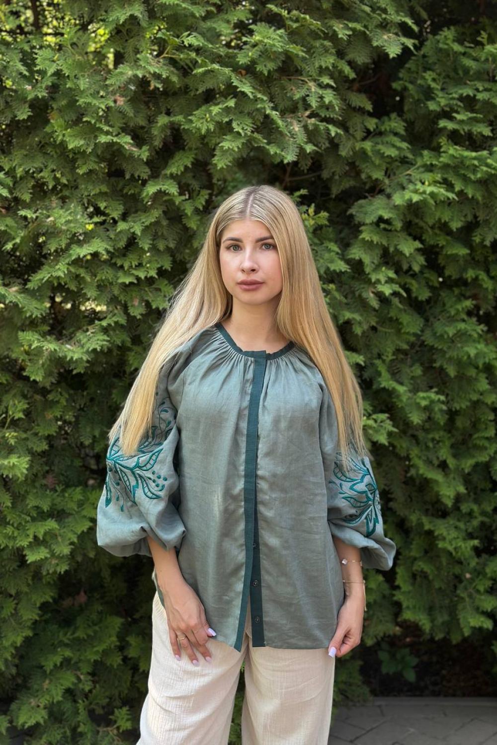 Green designer embroidered shirt for women