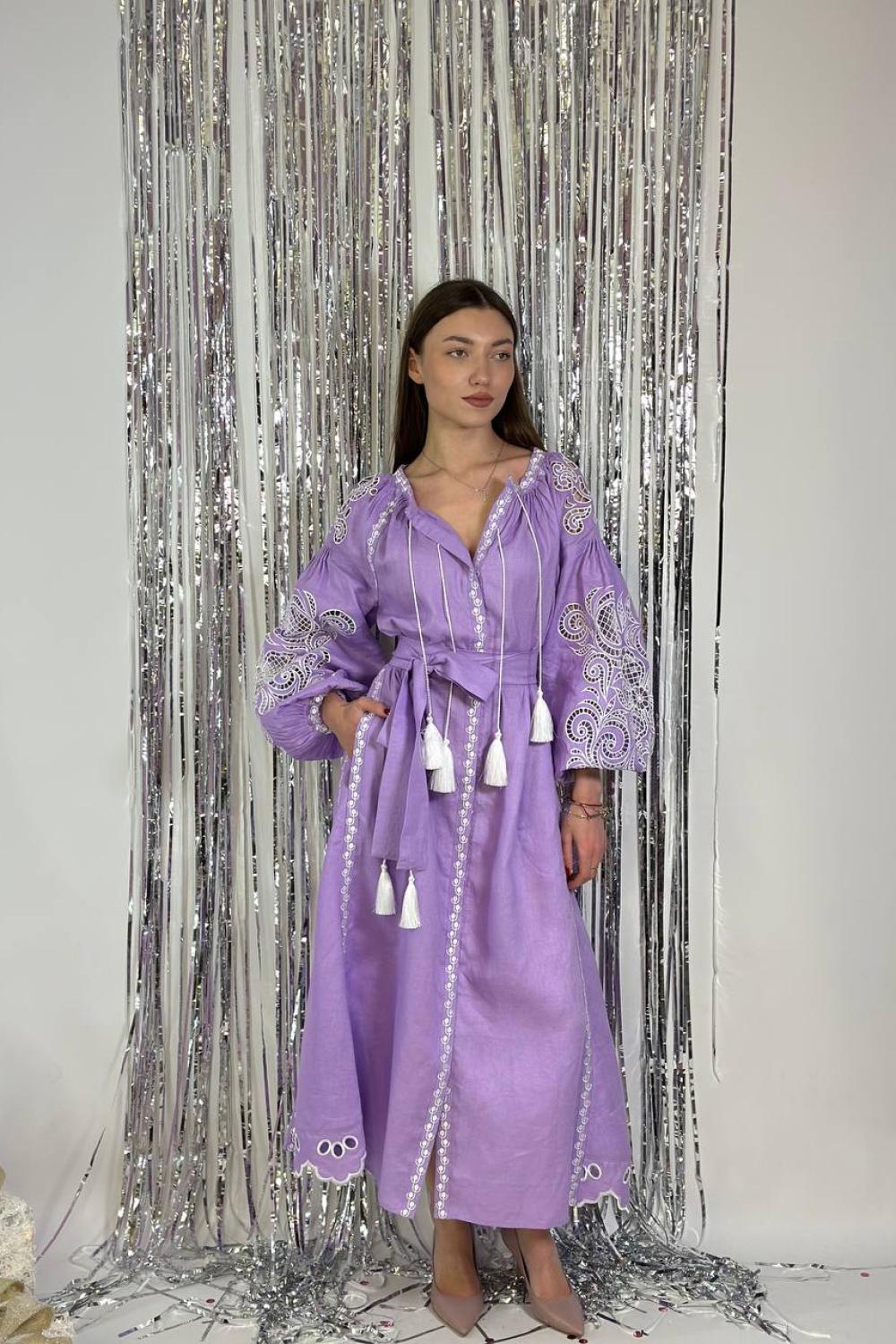 Cукня вишиванка жіноча лляна Рішельє лавандова EMBROIDERED GEM