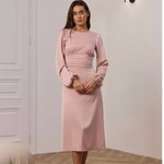Elegant powder-colored midi-length dress.