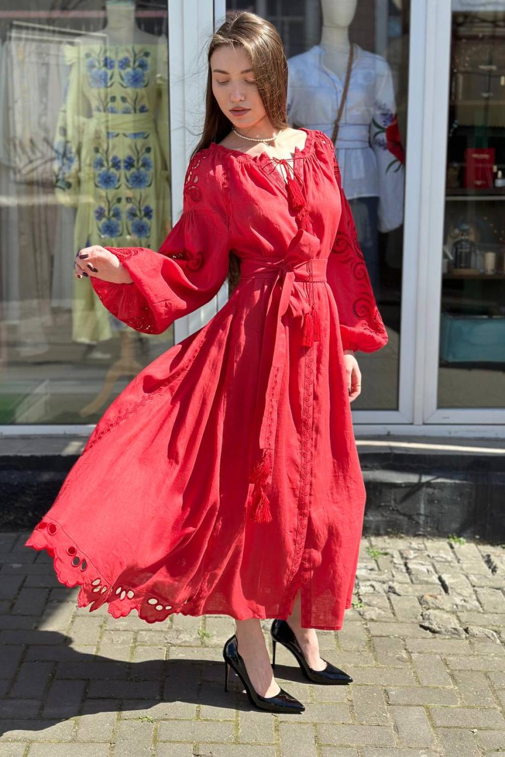 Embroidered women's linen Richelieu red EMBROIDEREDGEM dress
