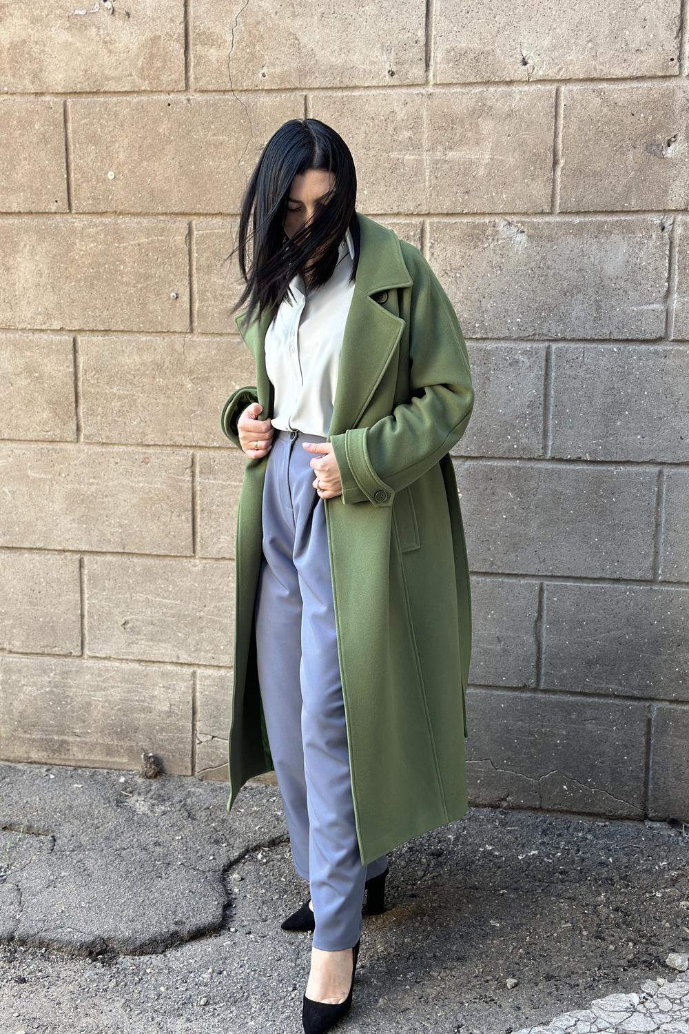 Women's demi-season green coat with a fold-down collar 274C FINE LINE