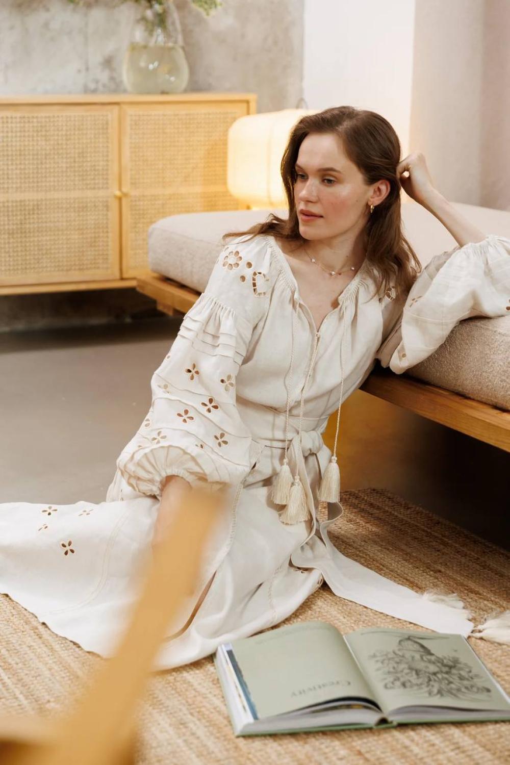 Adele embroidered dress in a soft cream color
