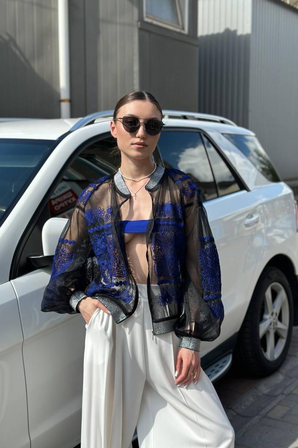 Бомбер жіночий вишитий на сітці чорно-синій EMBROIDERED GEM