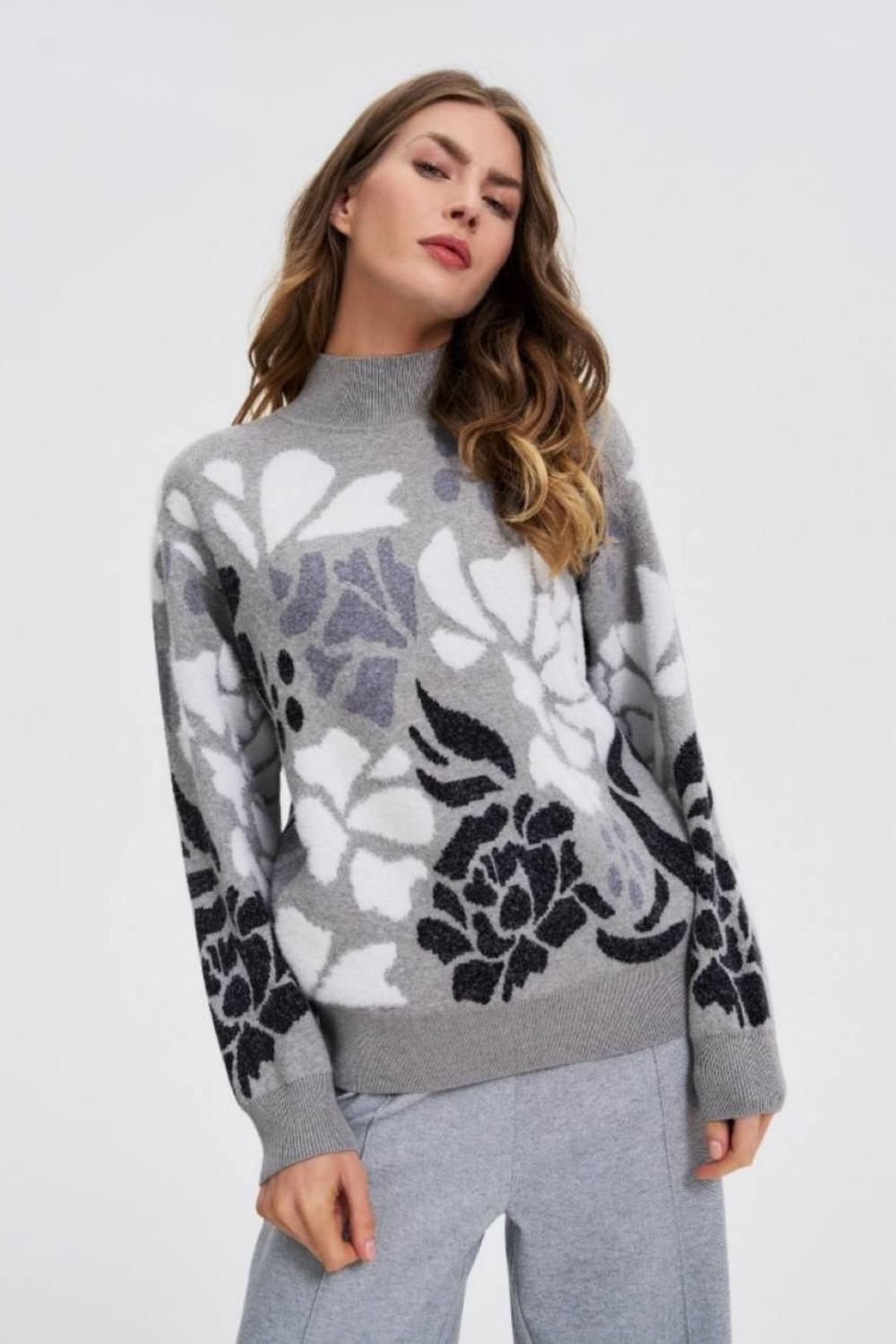 Sweater with fluffy floral pattern and stand-up collar Z-SW-4852-grey-L-realiz
