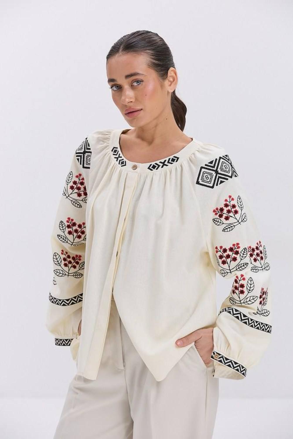 Ecru with black embroidery