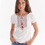 Women's white embroidered T-shirt with red “Hutsulka” pattern