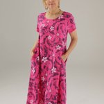 Fuchsia linen dress with print 114-6568