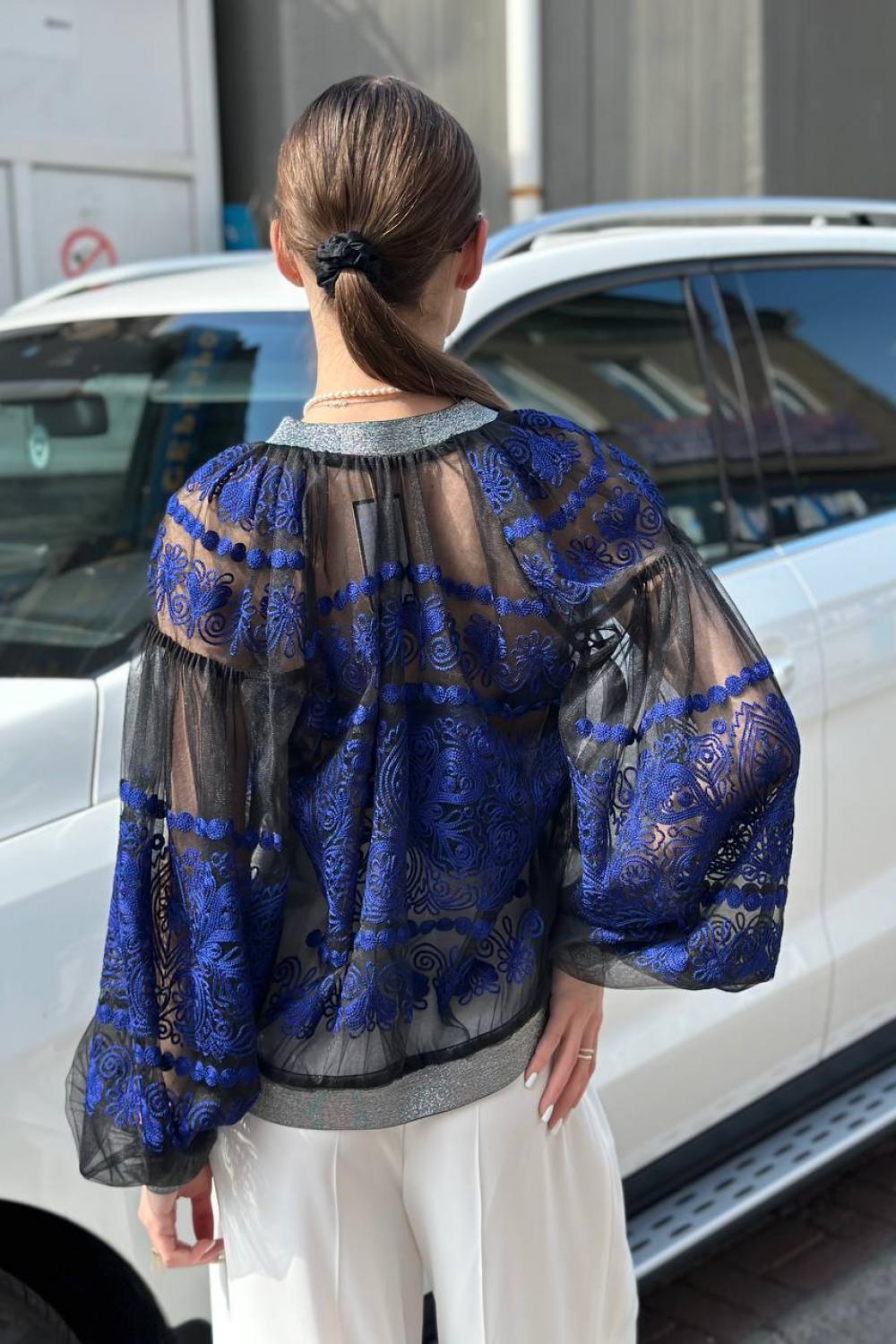 Бомбер жіночий вишитий на сітці чорно-синій EMBROIDERED GEM