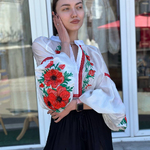 Designer light embroidered blouse with red flowers MAXA