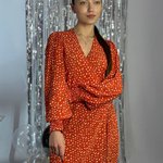 Orange wrap dress with print 20AH517. France. Yuka Paris
