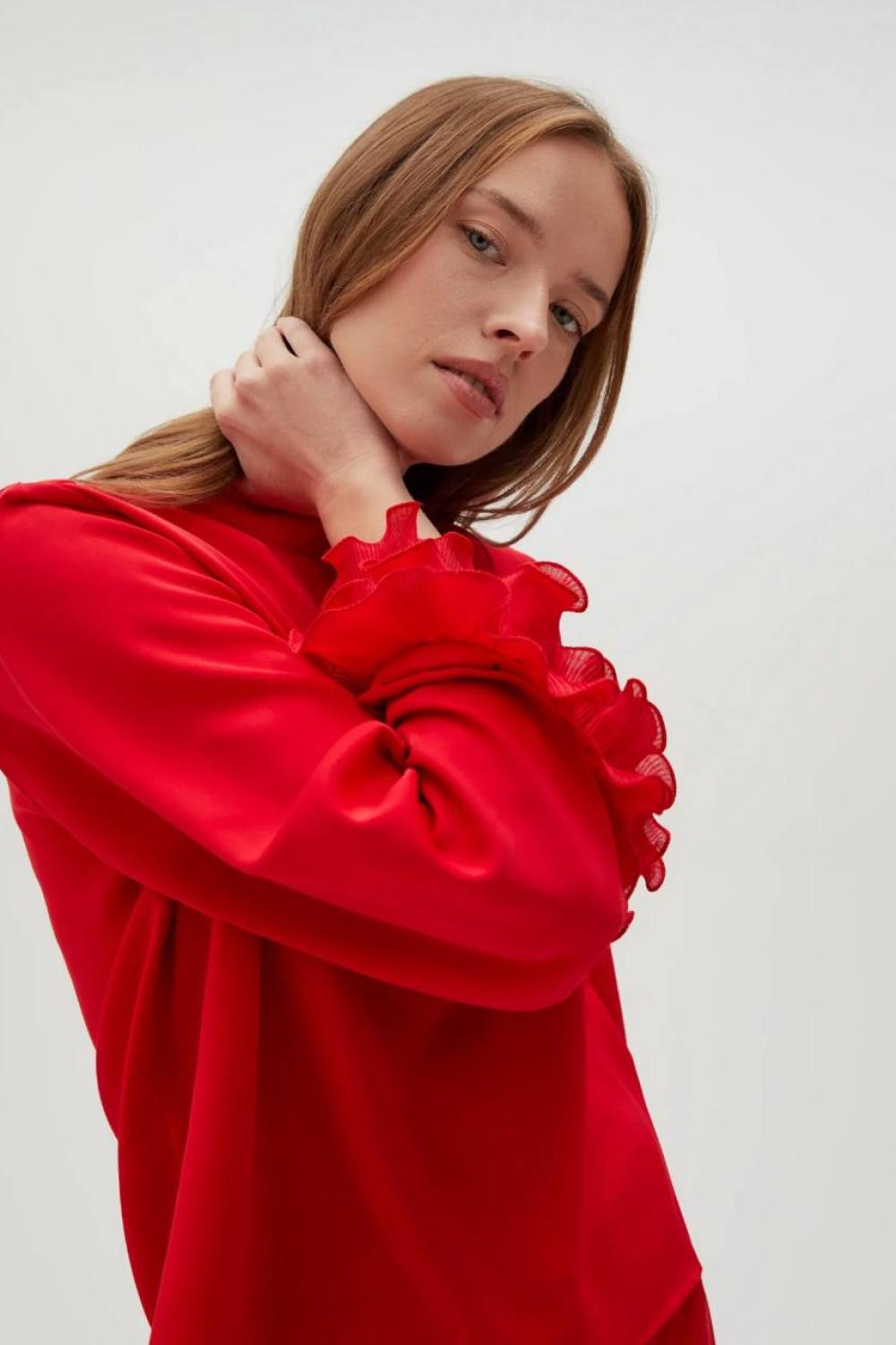 Red blouse with ruffles, festive Z-KO-4529-L-realiz