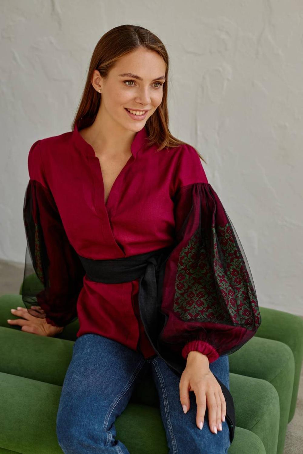 Women's embroidered shirt in burgundy color, author's work