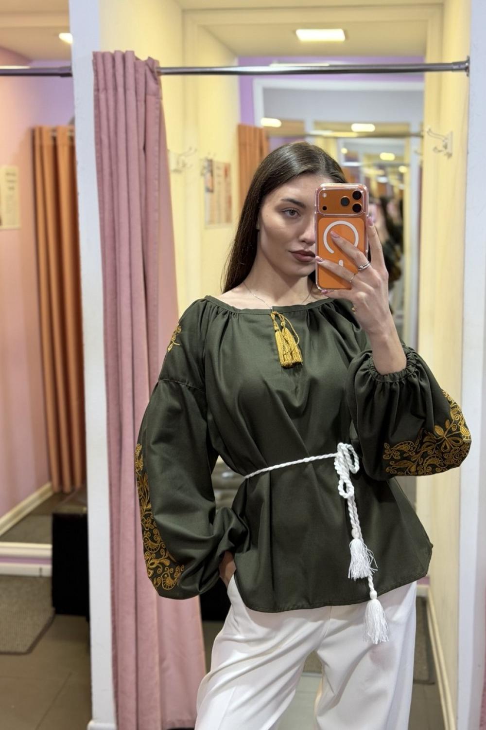Вишиванка жіноча хакі із золотою вишивкою НАДІЯ