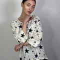 Blouse is printed with blue rhinestones