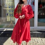 Embroidered women's linen Richelieu red EMBROIDEREDGEM dress