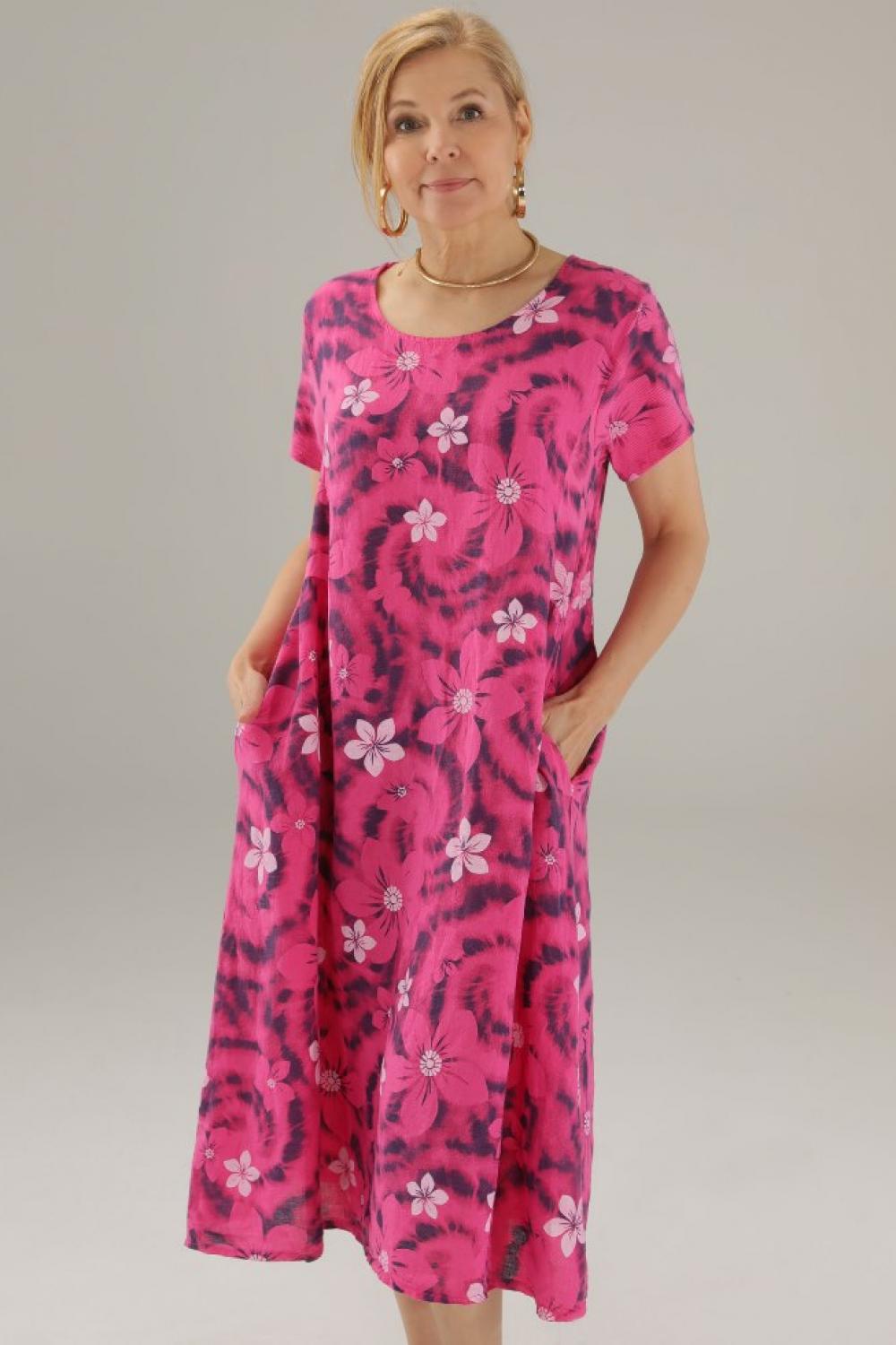 Fuchsia linen dress with print 114-6568