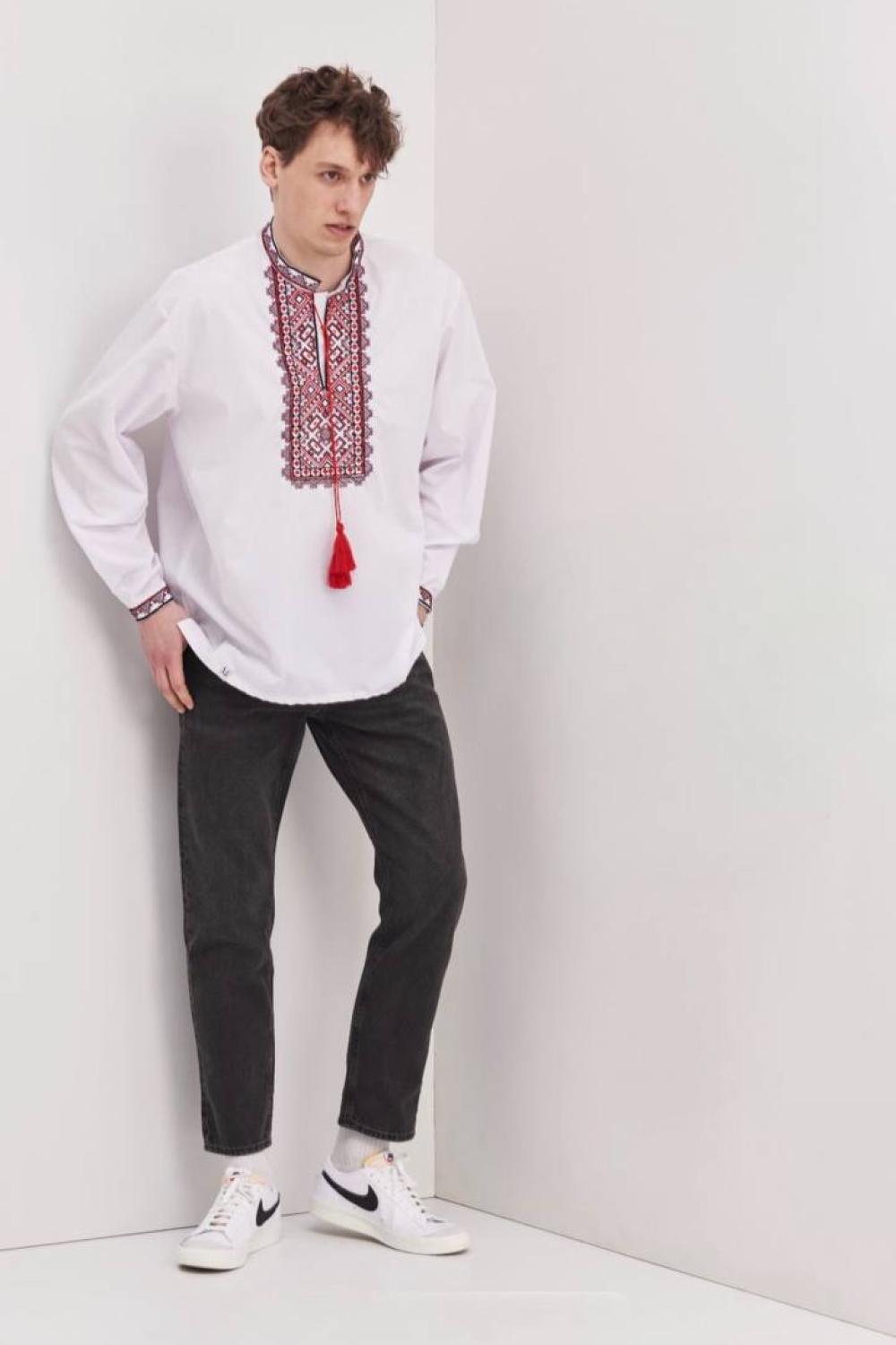 Men's embroidered shirt white with red embroidery