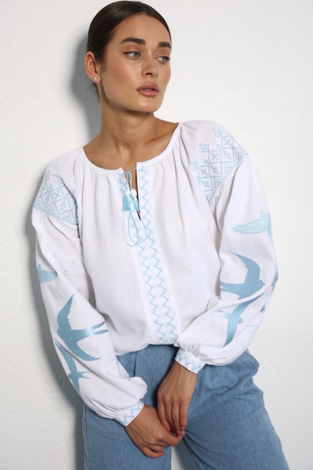 Women's white embroidered shirt with swallows by-ESQ
