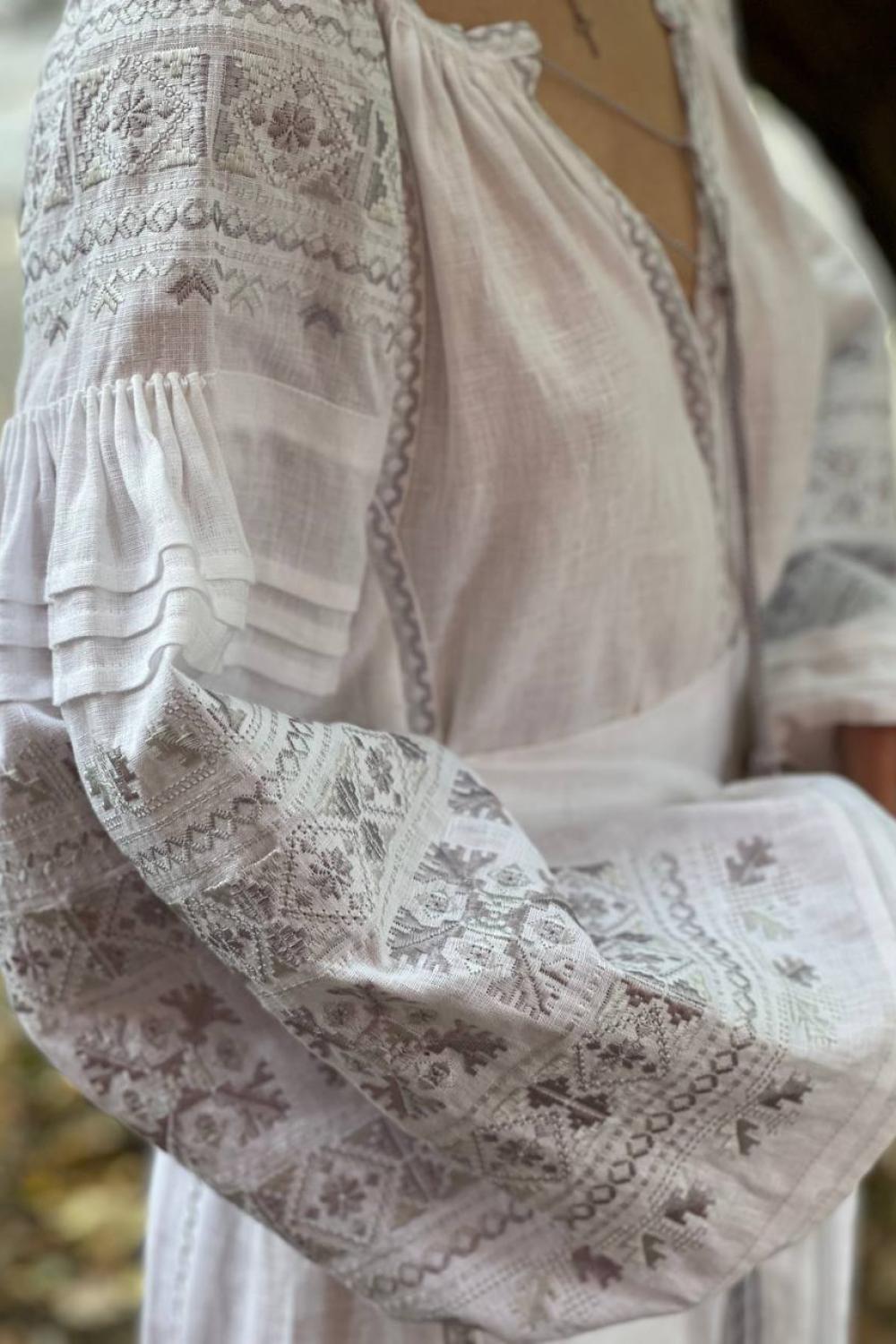 Women's white linen embroidered dress with silver embroidery Ceremonial EMBROIDERED GEM