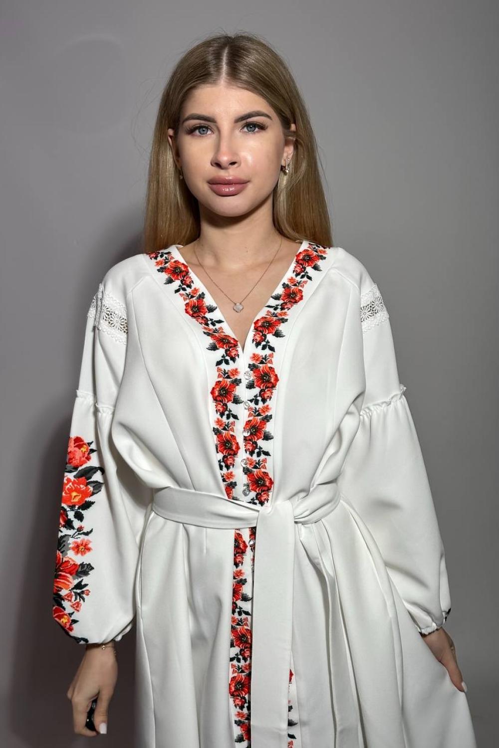 Embroidered dress women's white with red flowers