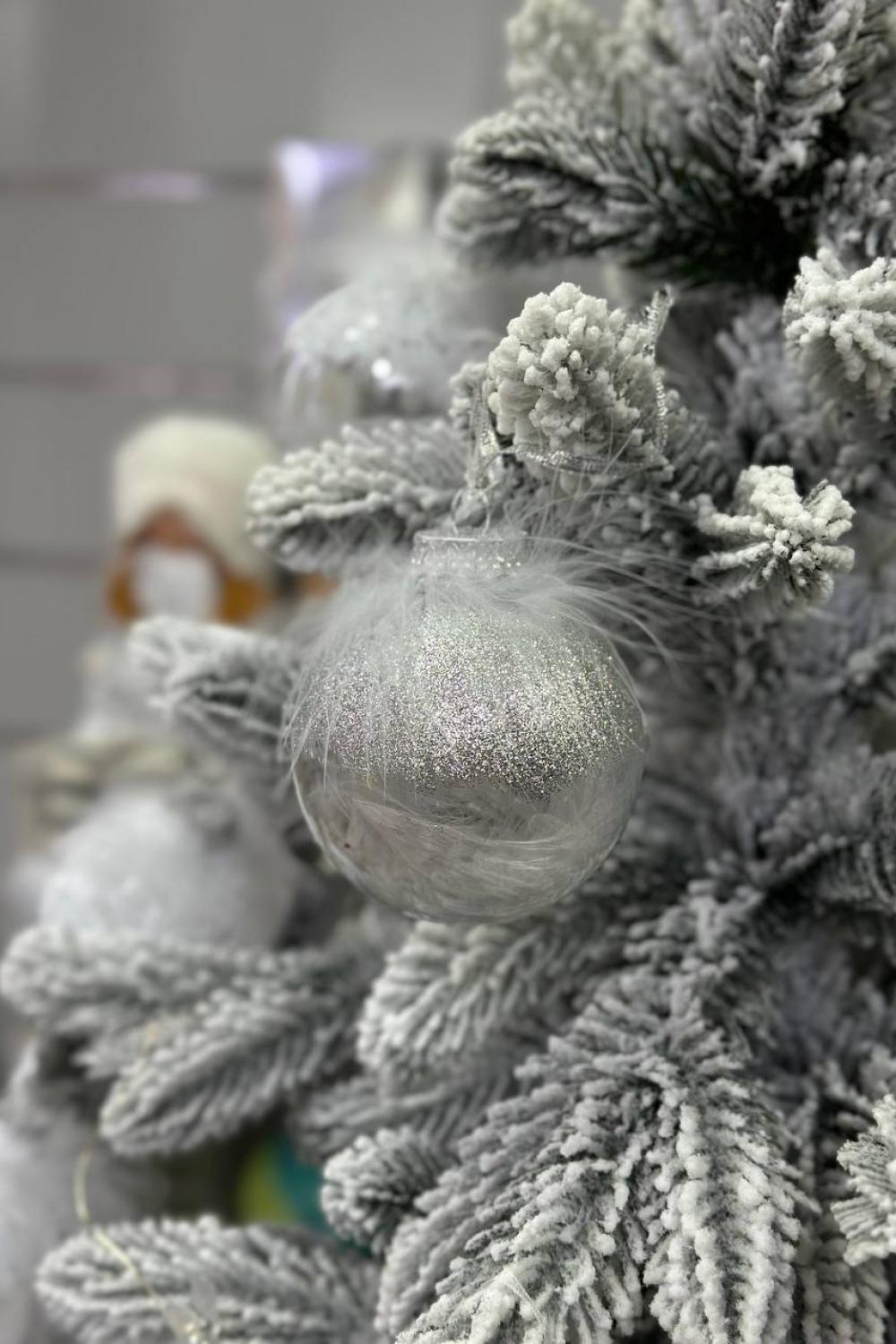 Christmas tree ball 8 cm, transparent in silver tones of fluff and feather decor