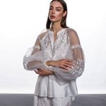 Designer embroidered blouse with transparent puffy sleeves