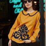 Embroidered women's jacket mustard linen with EMBROIDERED GEM appliqué