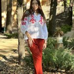 Women's embroidered white linen with red poppies MAXA