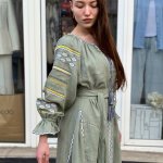 Embroidered long women's dress in green Embroidered Jem